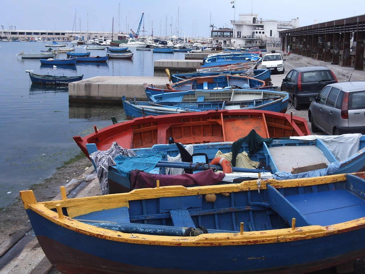 Bari colourful boats at the port in Southern, Italy