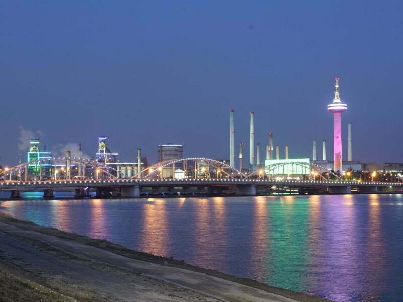 Pohang city views at night overlooking the bridge and modern buildings in South Korea 