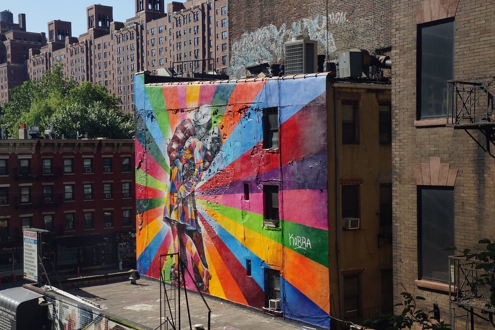 Colorful graffiti during a walk along the High Line in New York City, America