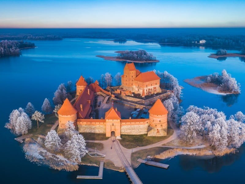 Trakai Castle At Night aerial views in the winter in Lithuania 