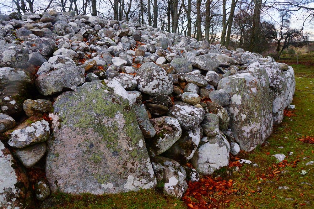 A close-up shot of Clava Carins stone formations