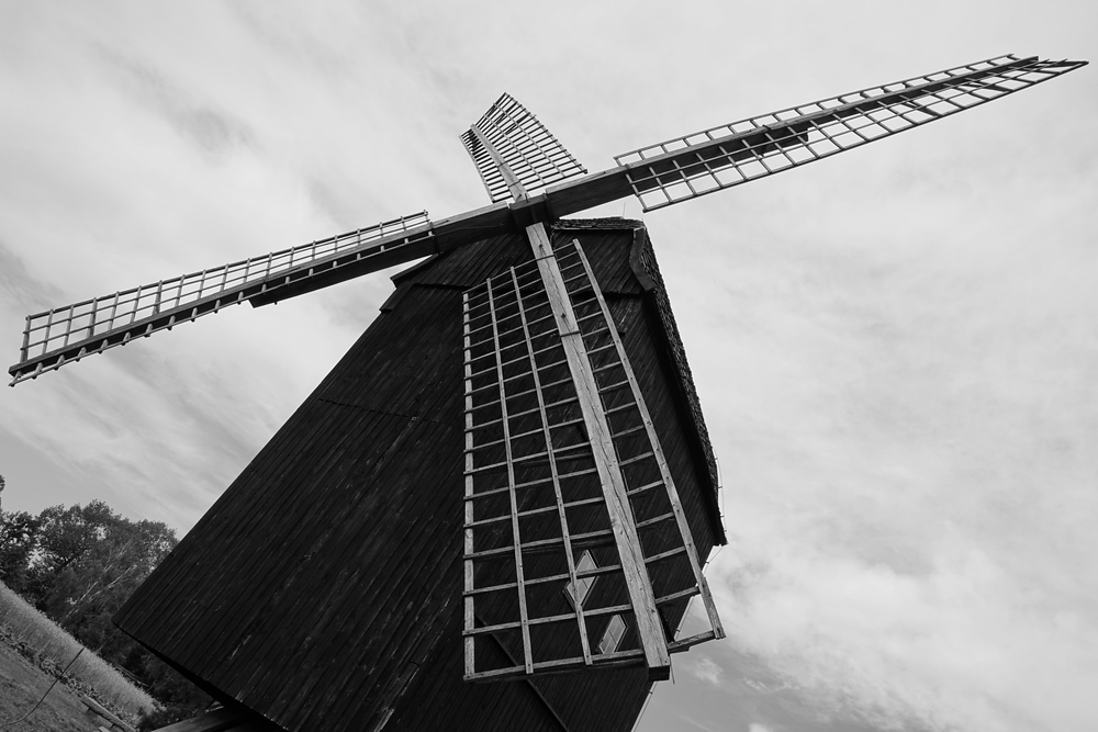 A giant traditional German windmill located on the property of an open-air museum located at Freilichtmuseum Klockenhagen