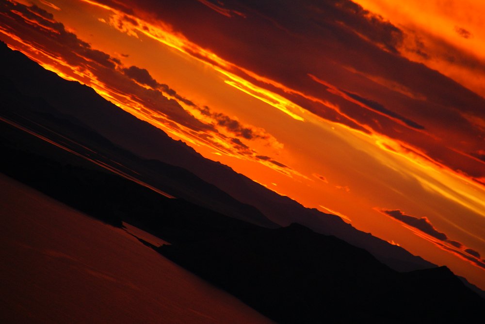 A gorgeous sunset in which the sky appeared to be on fire over Lake Titicaca from the Peruvian side 