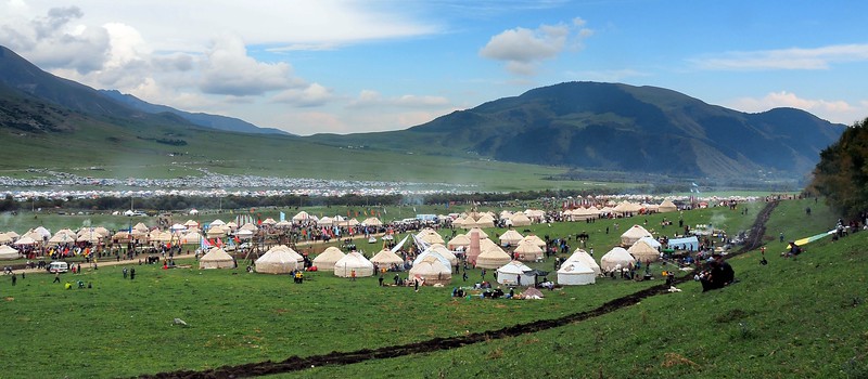 A high vantage point view of all of the yurt camp during the World Nomad Games in Kyrgyzstan