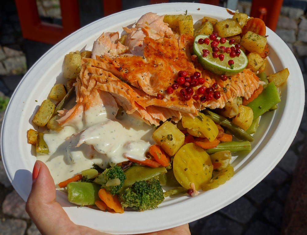 A plate of Finnish salmon, potatoes and vegetables at Market Square in Helsinki, Finland