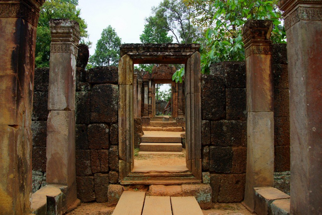 A series of doorways - going through each one makes you feel as though you're traveling back in time at Banteay Srei in Cambodia 