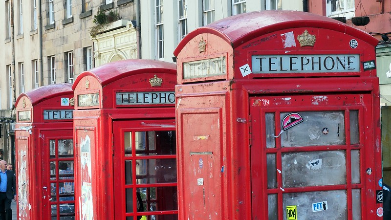 A series of three old phone booths in Edinburgh, Scotland