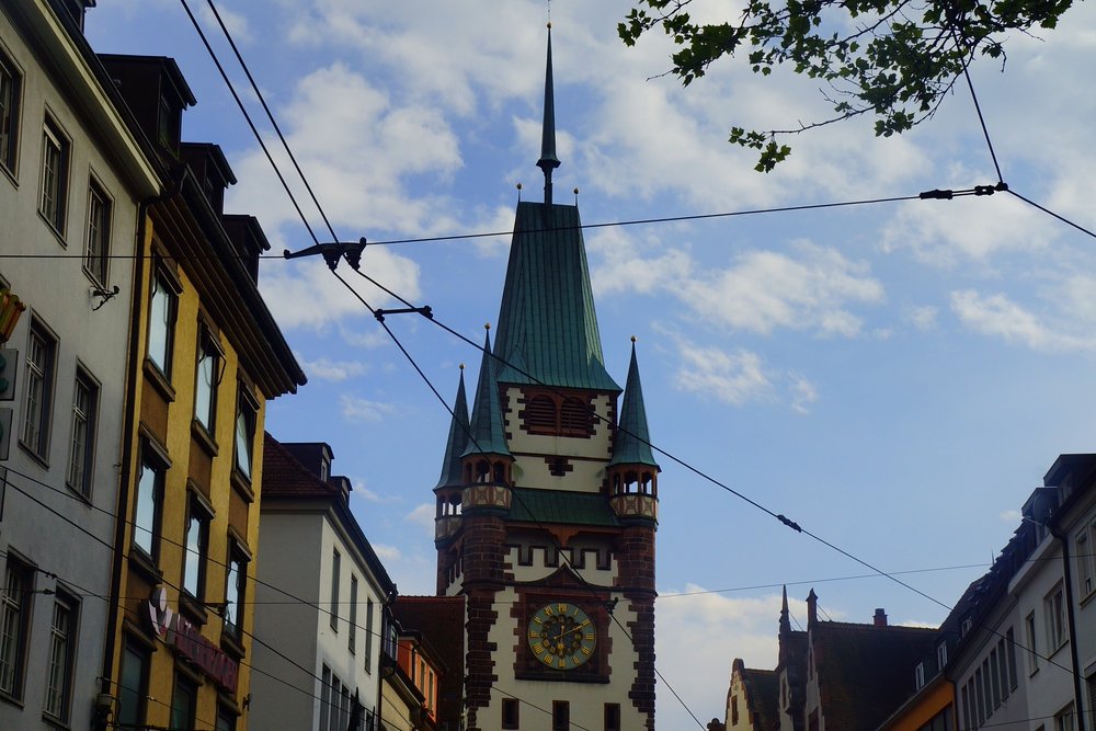 A shot of the clock tower in the central part of the Old town area just as the weather started to improve in Freiburg, Germany