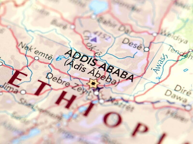 Addis Ababa on a map in Ethiopia 