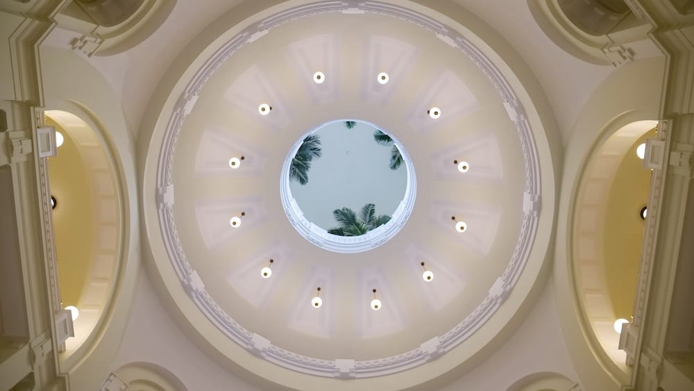 Alberta Legislature rotunda dome and palm trees inside the historic building in Edmonton, Alberta, Canada Upward view inside the Alberta Legislature rotunda in Edmonton, Alberta, Canada, showing the circular dome opening, surrounding lights, pale classical detailing and palm fronds visible above.