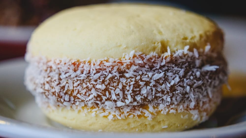 Alfajor de maicena in Esquel shown in macro detail with crumbly cornstarch cookies filled with dulce de leche and rolled in shredded coconut, a classic Argentine sweet often eaten as portable fuel while exploring Patagonia
