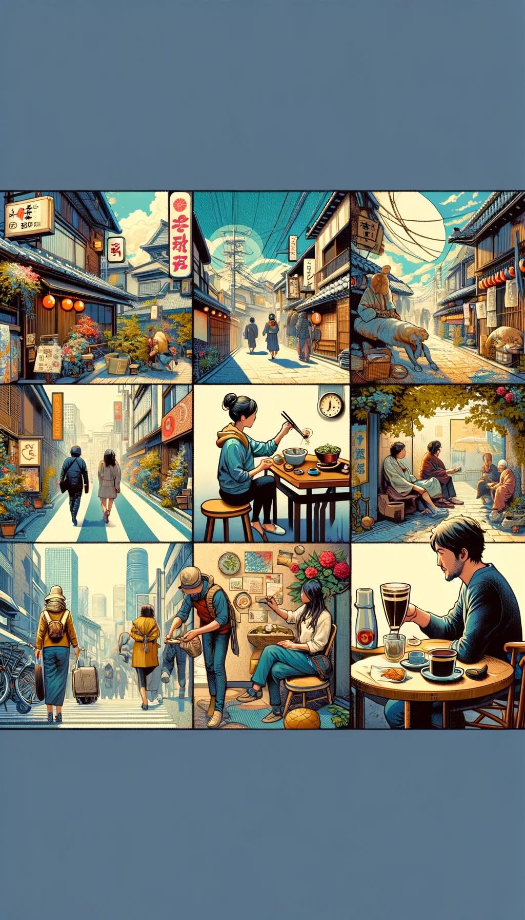 Allowing time for unplanned discoveries in Japan depicts a traveler indulging in spontaneous experiences, such as visiting a local izakaya, strolling through a quaint neighborhood, or encountering a local artisan. Scenes of savoring coffee in a hidden café, people-watching in a market, and enjoying a public garden are included, emphasizing the value of these unplanned moments in understanding Japan's rhythm and soul conveys the importance of flexibility and adaptability in travel plans, highlighting how these unstructured experiences are integral to a rich and authentic exploration of Japan.