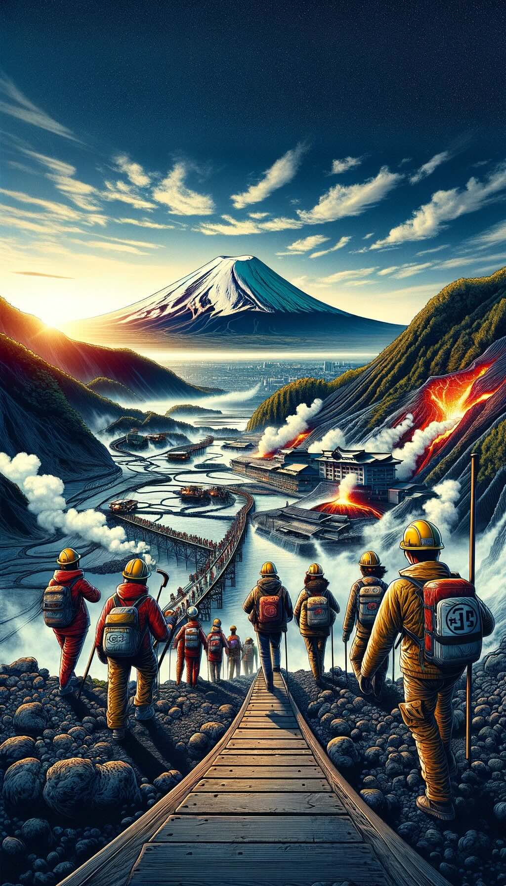Allure and beauty of Japan's volcanic regions showcases the iconic Mount Fuji, tourists enjoying hot springs, and the safe exploration of volcanic areas, highlighting the majesty and cultural significance of these natural wonders along with the theme of responsible and safe tourism.