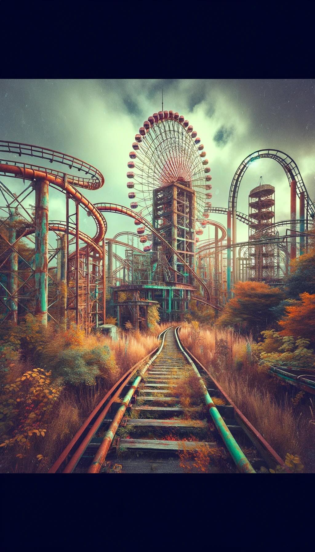 Allure of Japan's abandoned theme parks for urban explorers and photographers, rendered in a retro fade digital art style depicts the haunting beauty and historical curiosity of these spaces, with elements like rusting rides and overgrown paths. The composition conveys the thrill of discovery and the importance of ethical exploration, evoking a narrative of forgotten joy and respect for the past.