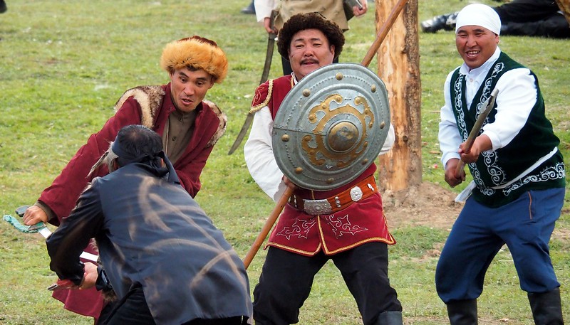 An action scene from a cultural performance at the Central Asia sporting event