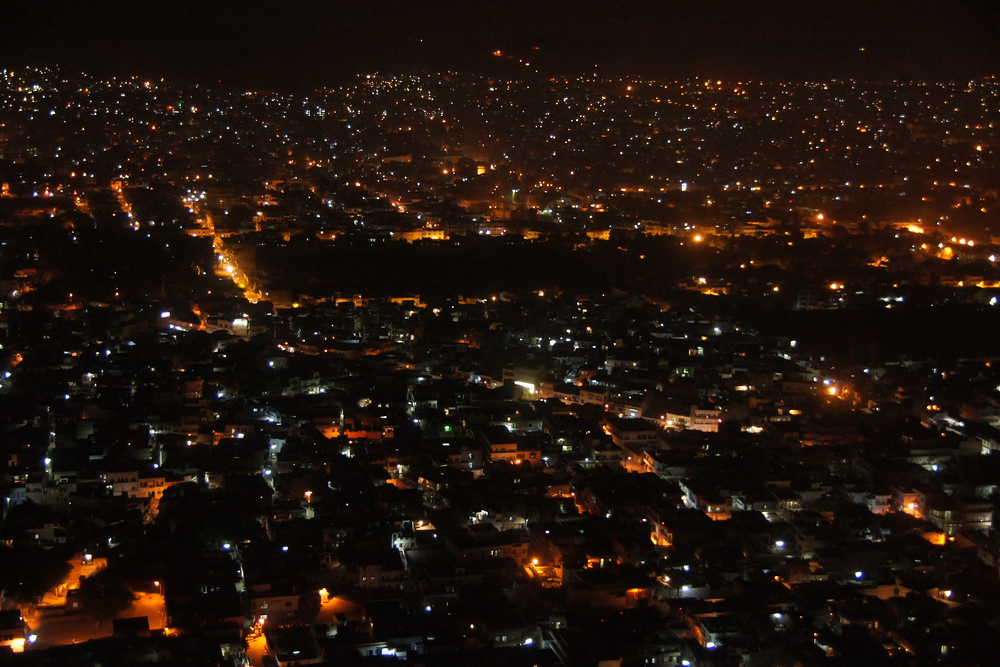 An overhead perspective shot at night of The Pink City in Jaipur, Rajasthan, India