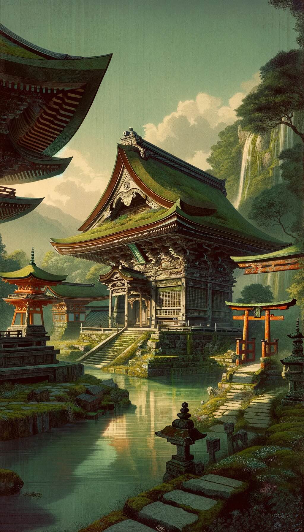 Ancient Japanese shrines and temples, capturing their spiritual and architectural brilliance as sanctuaries of solitude