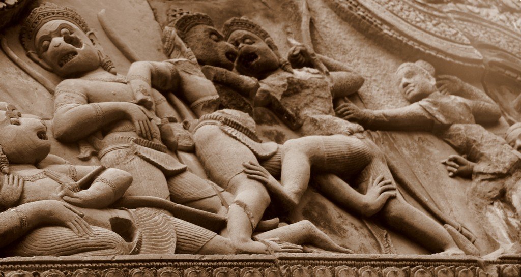 Another perspective shot of the chiseled designs many of which have crumbled over time at Banteay Srei in Cambodia 