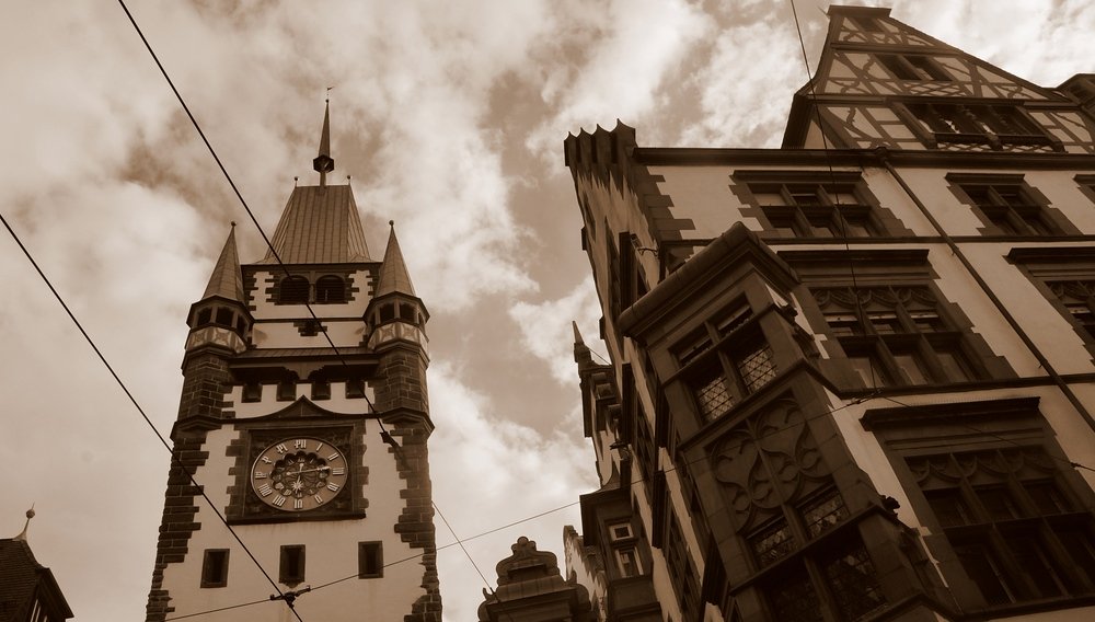 Another sepia shot in the heart of the Old Quarter in Freiburg, Germany of some distinct buildings