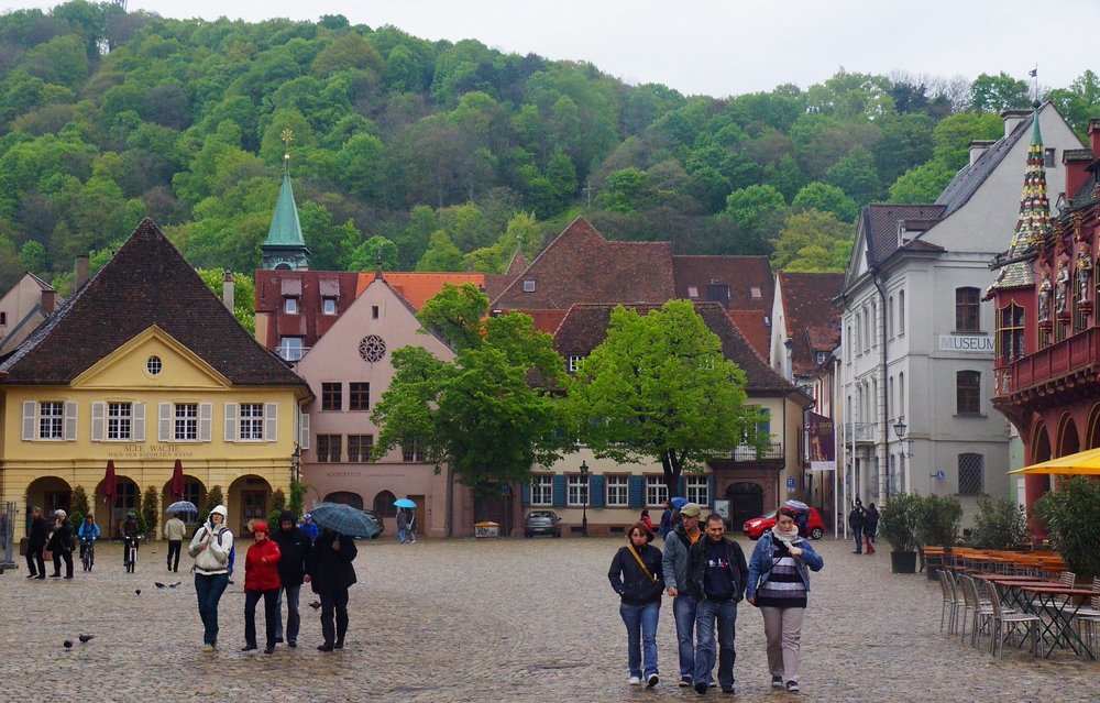 Another shot from the Old Town Square in Freiburg with the Black Forest in the background 