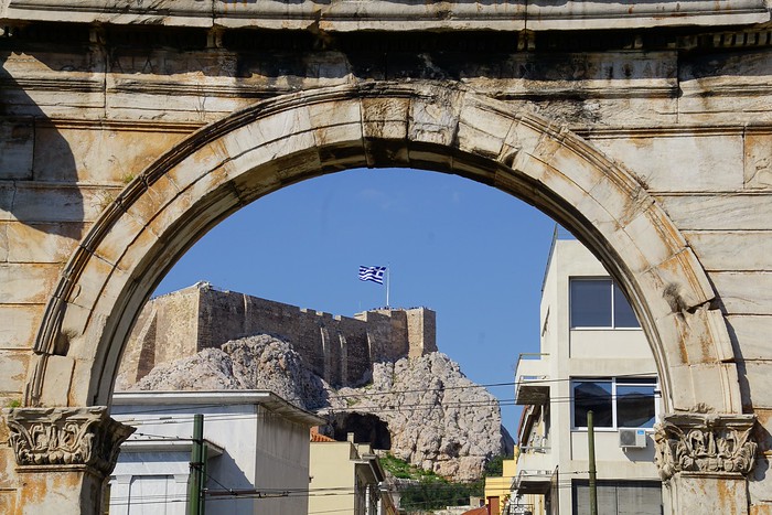 Arch of Hadrian with a view of the Parthenon in Athens, Greece
