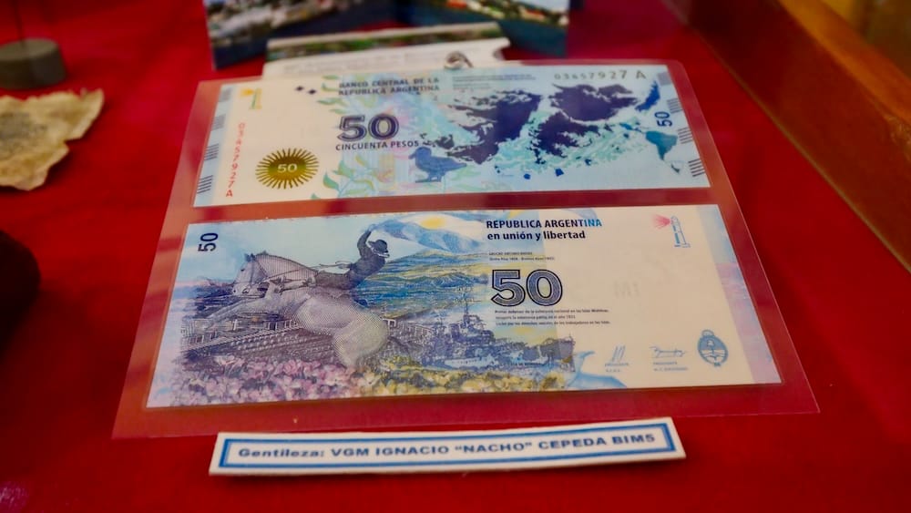 Commemorative Argentine 50 peso banknotes in a Río Gallegos display case, tying Patagonia’s regional identity to the cash realities travelers face when cards and ATMs fail.
