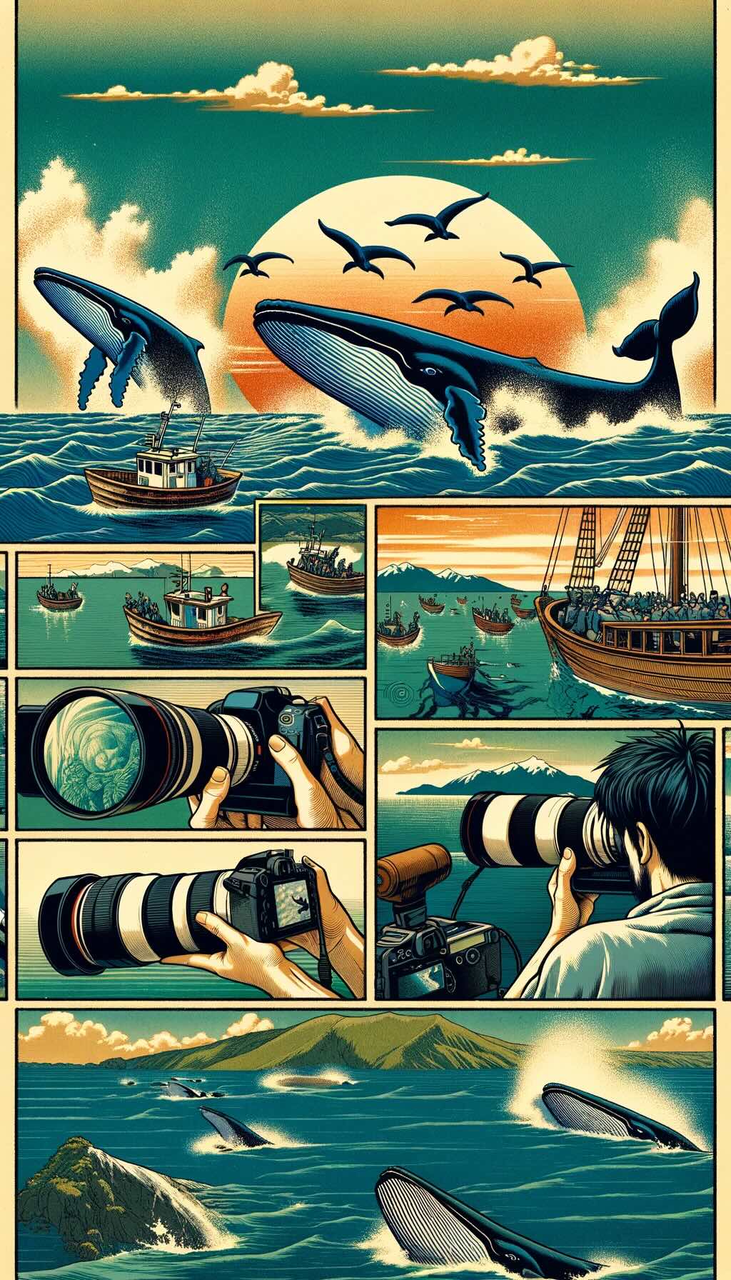 Art of photography during whale watching beautifully combines scenes of photographers capturing the majesty of whales, with a focus on the recommended equipment and the importance of enjoying the experience.