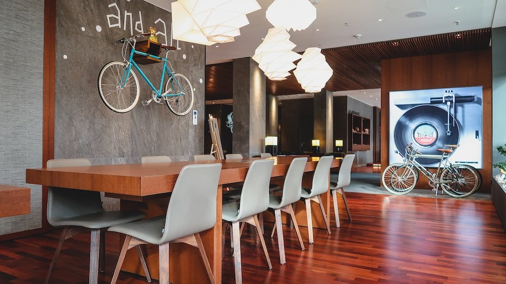 Artsy bicycle theme lounge area of hotel in Dusseldorf 