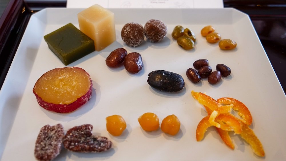 Assorted candied beans and other Japanese sweets at Amanatto Kawamura Tea House 甘納豆かわむら in Kanazawa, Japan 