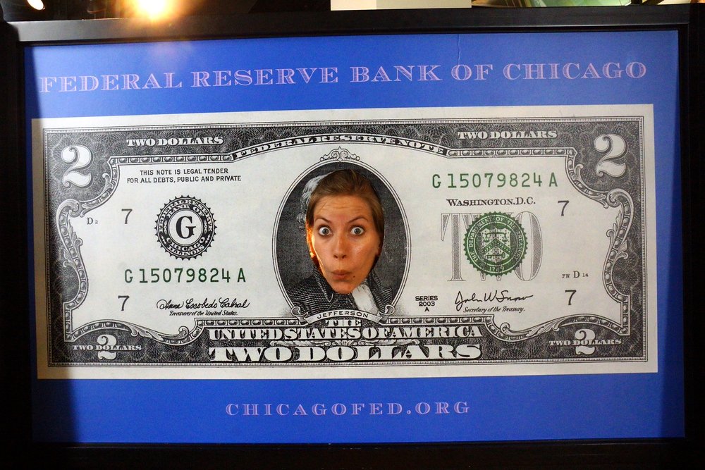 Audrey Berger That Backpacker as an American two dollar bill at the Money Museum in Chicago