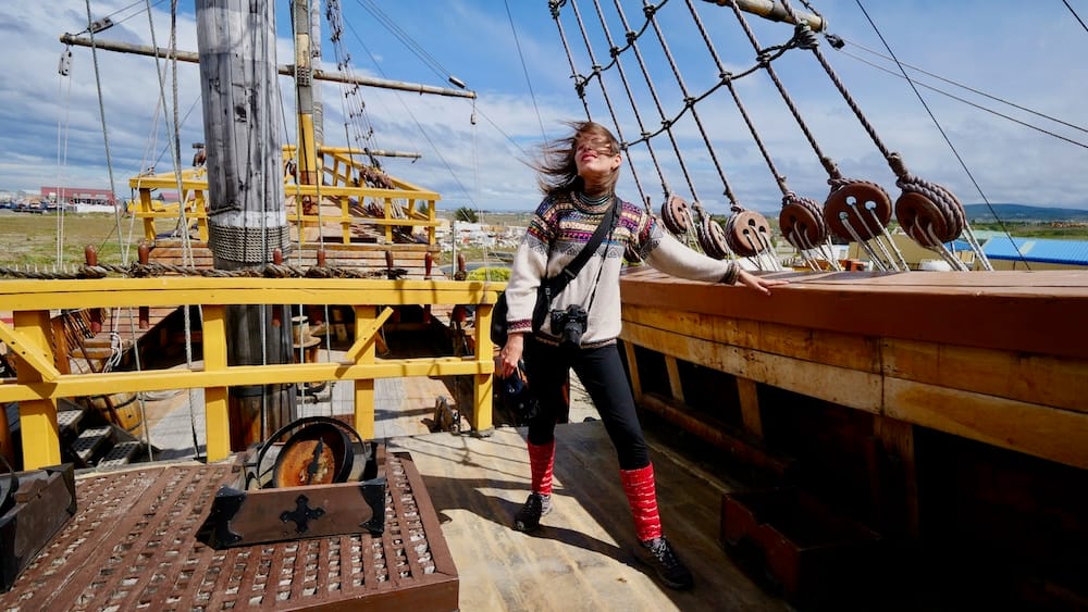 Strong Patagonian wind blows across the Nao Victoria replica in Punta Arenas, Chile, turning a simple museum stop into a vivid weather reality check with Audrey Bergner.