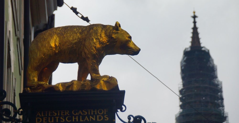 Audrey who speaks a bit of German thought this Golden bear says "The Oldest Guesthouse in Germany"