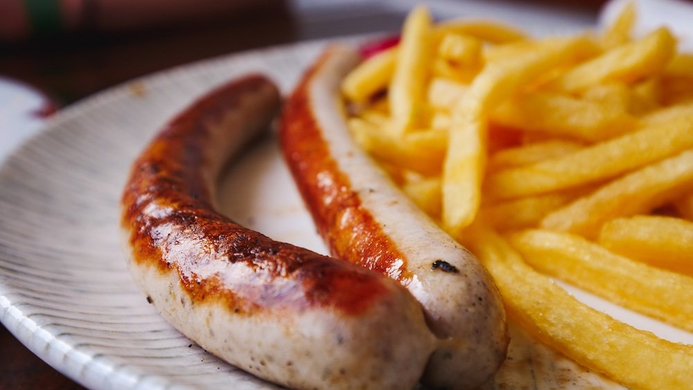 Austrian sausage with fries in Werfen, Austria 