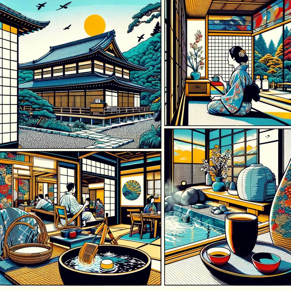 Authentic and transformative essence of a ryokan experience in Japan, highlighting its meditative qualities and the deep sense of connection it fosters. The image, created in a Pop Art style, vividly represents the unique charm and tranquility of these traditional Japanese inns