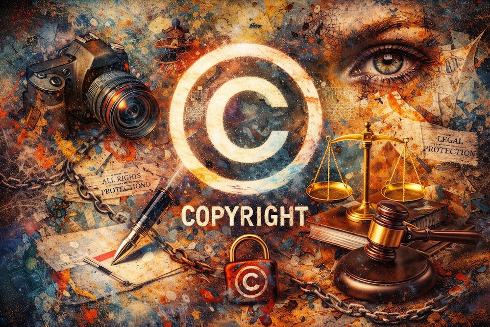 Avant-Garde Copyright and Photography Licensing Artwork — Creative Ownership and Image Rights by Nomadic Samuel An avant-garde mixed-media artwork featuring a glowing copyright symbol surrounded by a camera, legal scales, gavel, chains, and paint textures, representing Nomadic Samuel’s photography copyright, creative ownership, and image licensing rights.