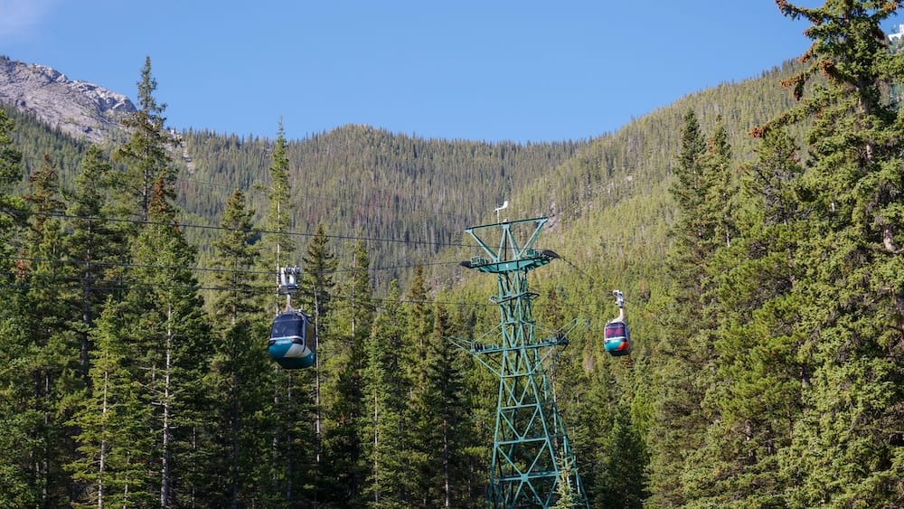 Banff Gondola cabins travelling above evergreen forest on Sulphur Mountain in Banff, Alberta, Canada, with cable towers, steep wooded slopes and rocky mountain terrain under a clear blue sky.