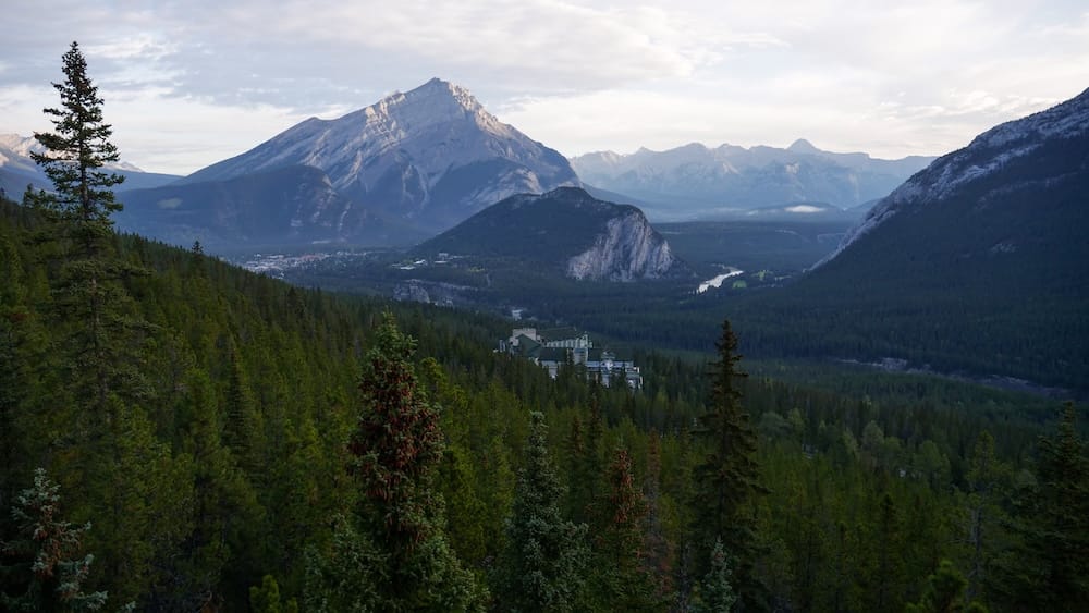 Scenic view during the Banff Gondola ascent on Sulphur Mountain in Banff, Alberta, Canada, looking across dense evergreen forest toward Banff, the Bow Valley and layered Rocky Mountain peaks.