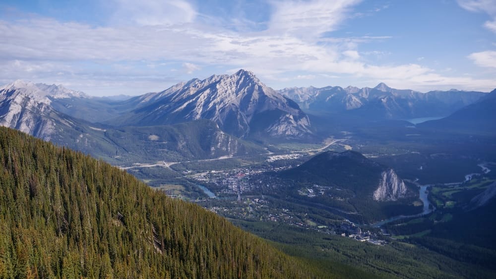 Banff Gondola Sulphur Mountain Alberta Canada Panoramic View Over Banff Town and Rocky Mountains Panoramic view from the Banff Gondola on Sulphur Mountain in Alberta, Canada, looking over Banff town, forested valleys, winding rivers and surrounding Rocky Mountain peaks under mostly clear skies.