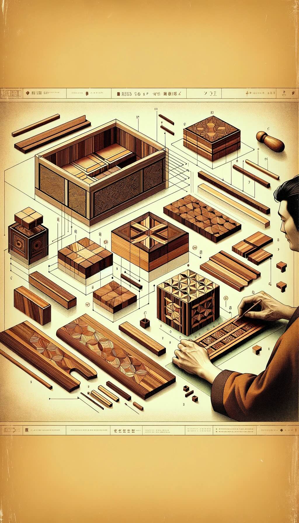 Basics of Yosegi-zaiku, the traditional Japanese art of decorative woodworking, in a retro fade digital art style. It depicts a craftsman carefully assembling different types of wood to create elaborate patterns, highlighting the geometric designs and the natural beauty of the wood grains features a 'Himitsu-bako' (secret box) adorned with Yosegi-zaiku veneers, capturing the essence of this intricate craft and the harmony and aesthetic appeal of the combined woods.