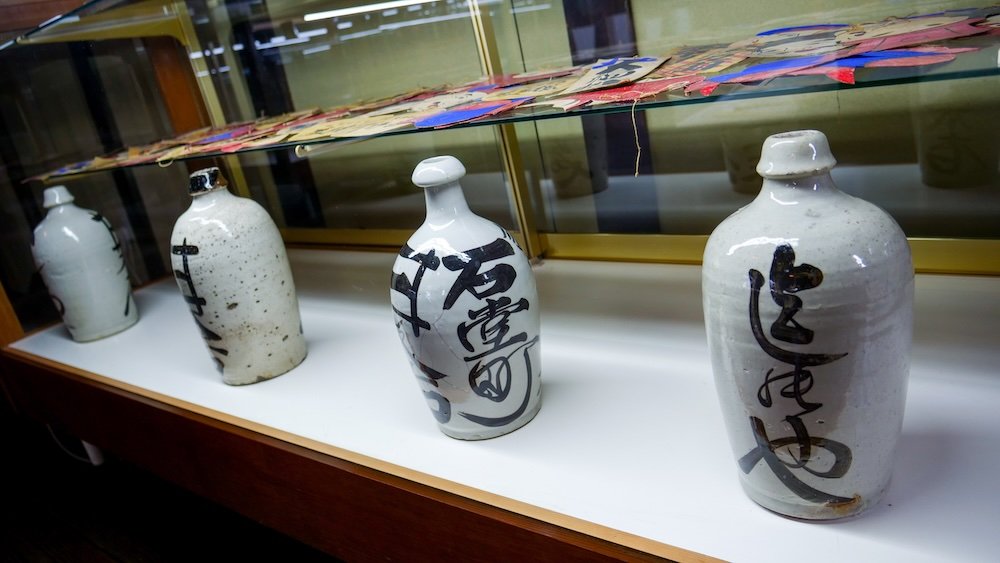 Beautiful sake bottles on display in Nagano, Japan 