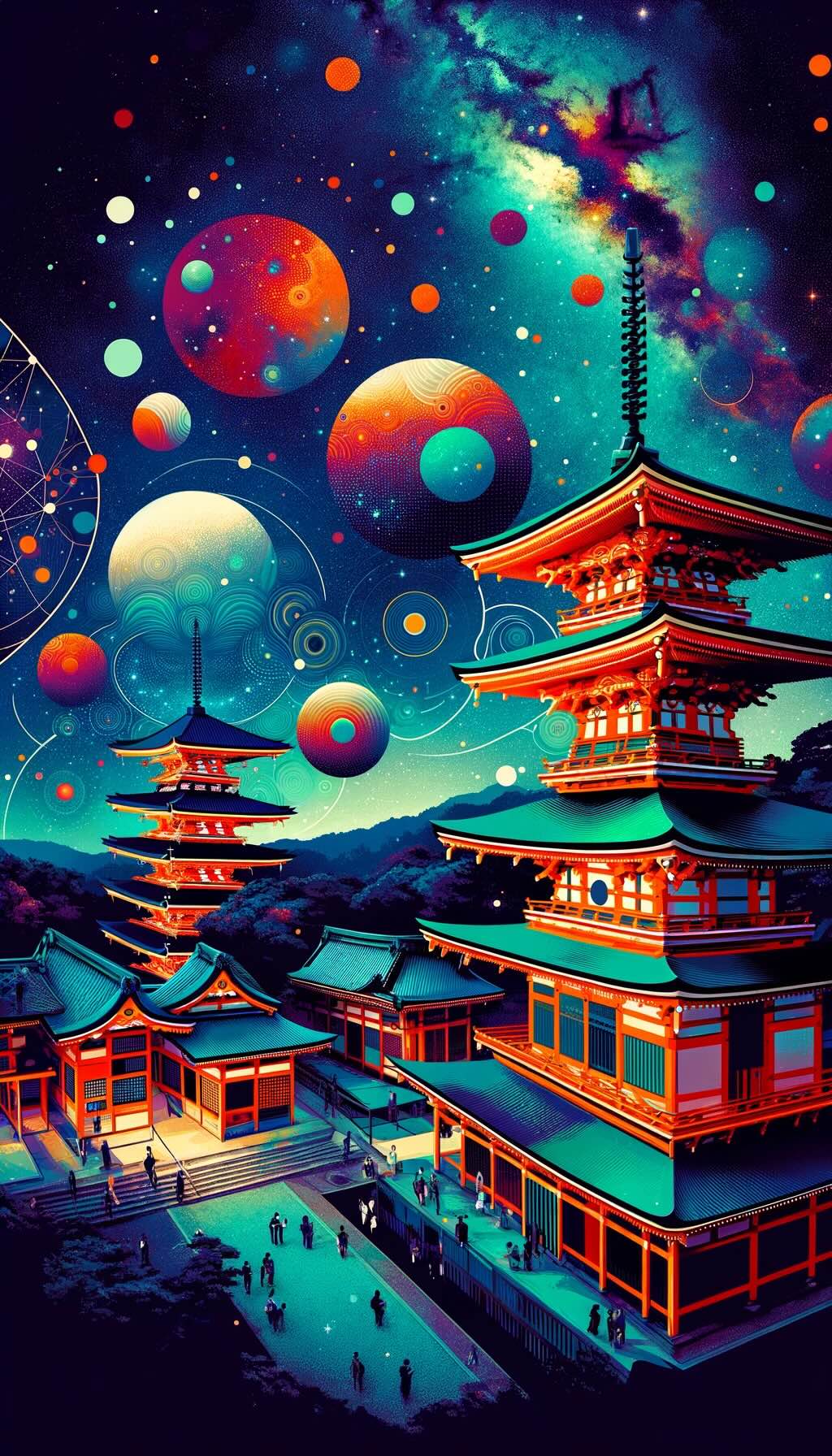 Beautifully captures the essence of night photography at cultural and historical sites in Japan showcases temples and shrines like Kiyomizu-dera in Kyoto, Itsukushima Shrine in Miyajima, and Toshogu Shrine in Nikko under a star-filled sky blends ancient architecture with celestial wonders, creating surreal and majestic scenes. 