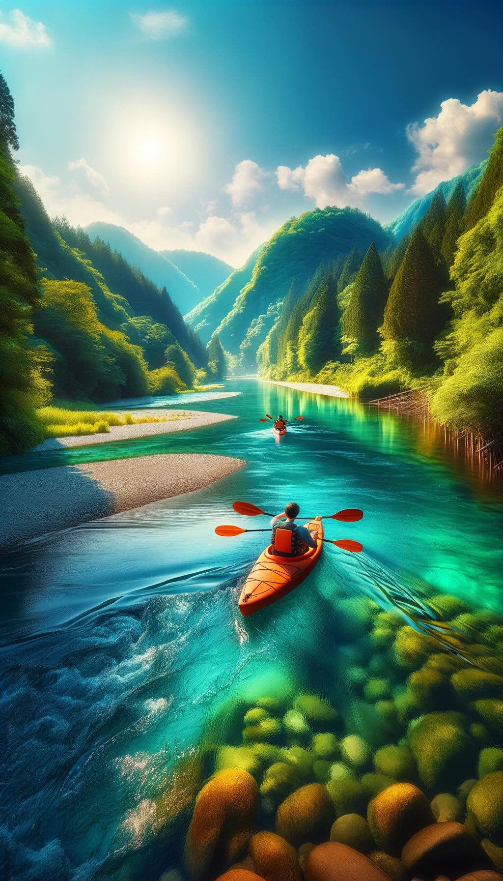 Beautifully captures the experience of kayaking on the Kuma River in Japan, surrounded by its serene and lush landscapes