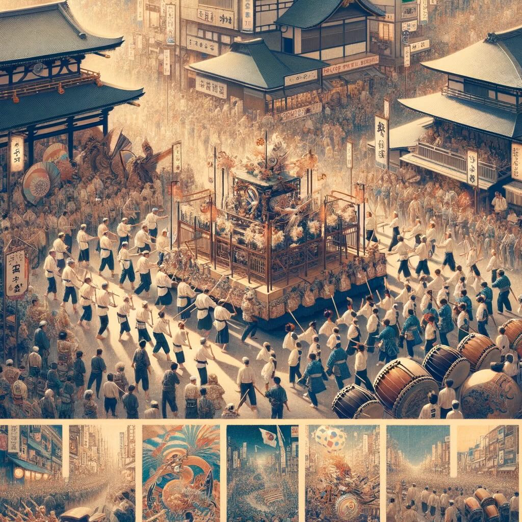 Beauty of participating in Japanese Matsuri, highlighting the joy, tradition, and community spirit portrays a collage of Matsuri scenes, including the vibrant atmosphere, traditional dances, taiko drumming, and communal celebrations. Rendered in a super vintage style with soft, muted colors, the artwork conveys a sense of nostalgia and reverence for tradition, inviting viewers to feel the energy and communal joy of Matsuri and illustrating the rich cultural immersion it offers to visitors.