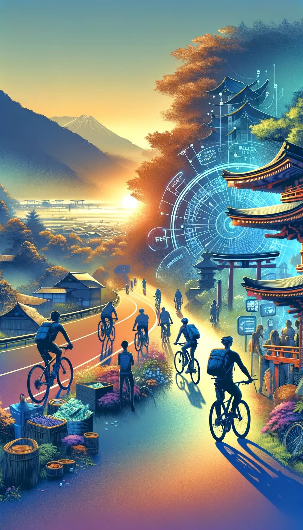 Benefits of biking in Japan, focusing on both improved health and well-being, as well as economic advantages depicts scenes of cyclists enjoying the serene Japanese countryside, highlighting the positive impact of cycling on both physical and mental health, along with the economic efficiency and freedom it offers to travelers