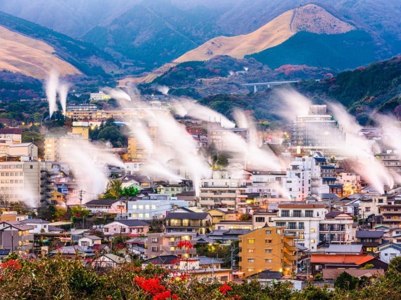 Beppu architecture with mountain views and colourful buildings in Japan