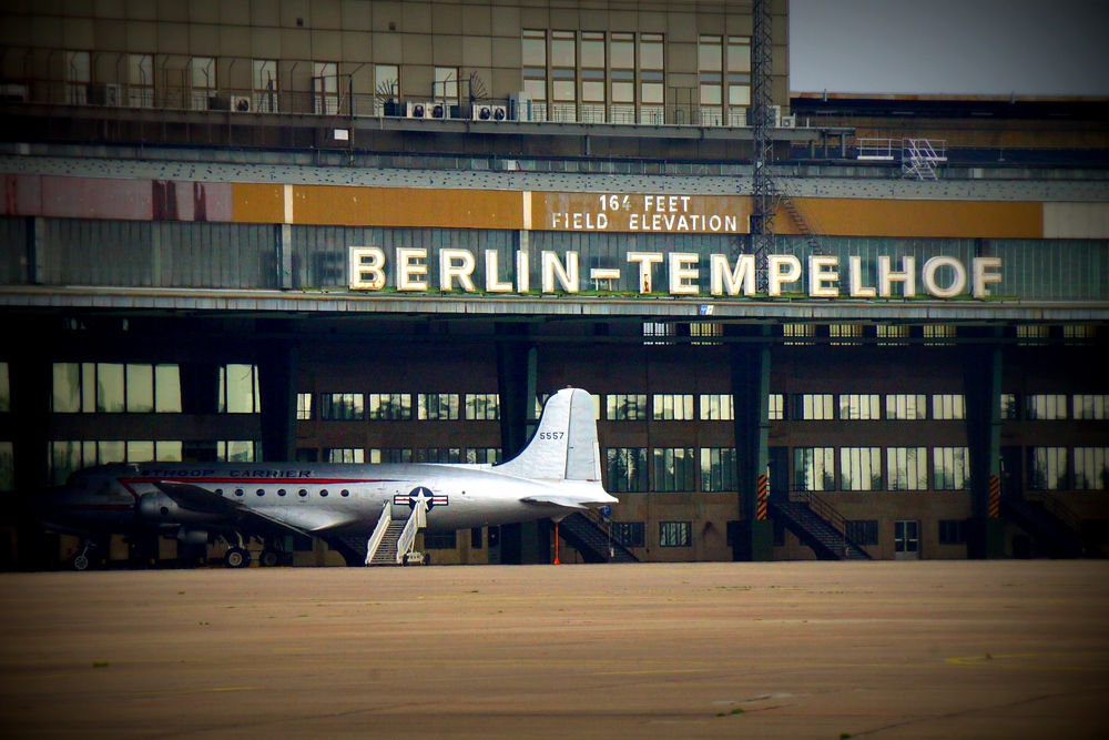 Berlin Tempelhof with retro airplane at the gate in Germany