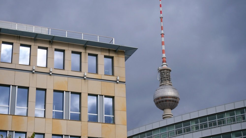 Berlin TV Tower views from street level in Berlin, Germany 