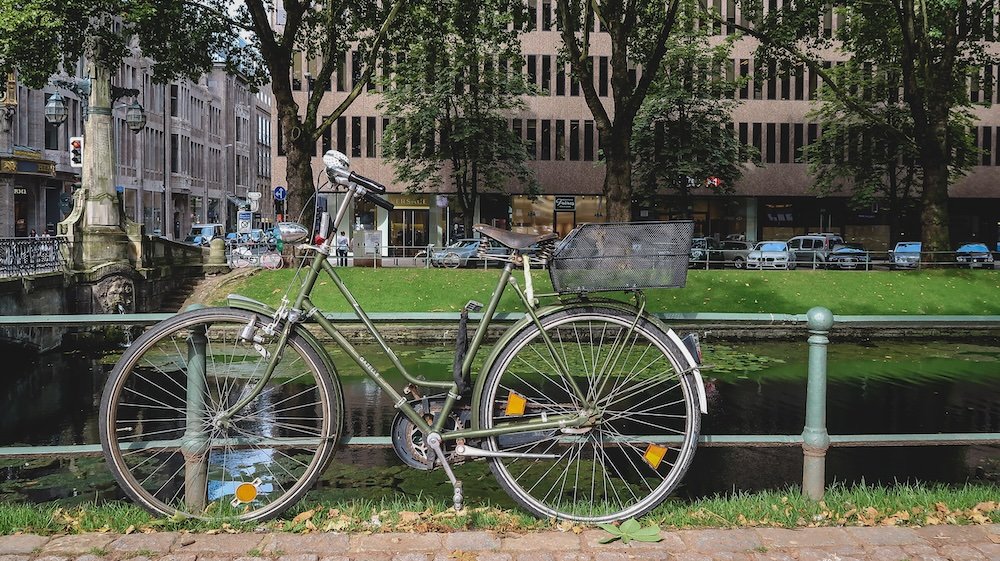 Bicycle parked alongside the river in Dusseldorf, Germany 