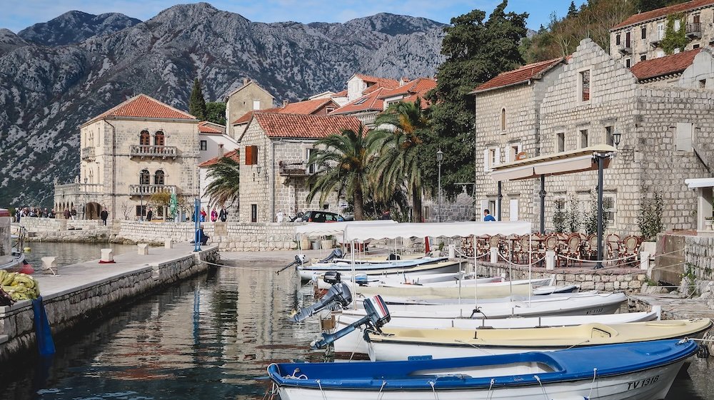 Boats docked in Perast, Montenegro transportation option for visitors 