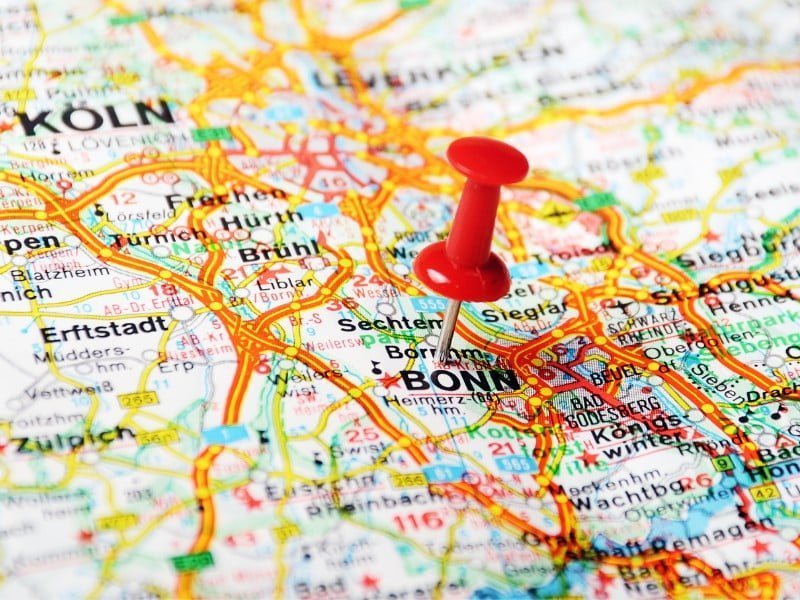 Bonn on a travel map of Germany 